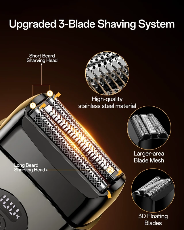 Alt view image 2 of 4 - Travel Mini Electric Foil Shaver for Men, 3Blade Cordless Razor, LED Power Display, Magnetic DustProof Cap, IPX7 Waterproof, USBC Fast Charge for Business Trips Daily Carry