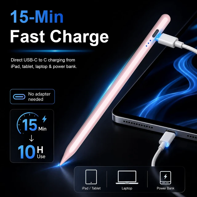 Alt view image 2 of 7 - Stylus Pen for Apple iPad 2018-2026 for Note-Taking Drawing Pink | 15Min Fast Charge iPad Pencil with High Precision, Tilt Sensitivity, Palm Rejection on iPad 6-11/Air/Pro/Mini, No Pairing