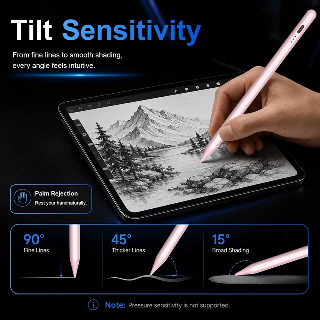 Alt view image 5 of 7 - Stylus Pen for Apple iPad 2018-2026 for Note-Taking Drawing Pink | 15Min Fast Charge iPad Pencil with High Precision, Tilt Sensitivity, Palm Rejection on iPad 6-11/Air/Pro/Mini, No Pairing