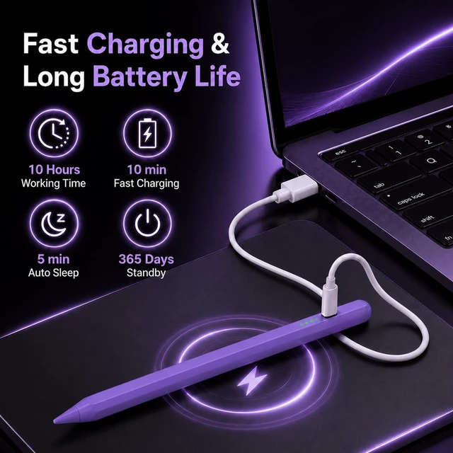 Alt view image 3 of 7 - Stylus Pen for iPad(2018-2026)-10 Min Fast Charge,Auto Sleep,Palm Rejection | Tilt Sensitivity,Active Pencil for iPad 11/10/9/8/7/6th Gen,Pro 13"/12.9"/11",Air 6/5/4/3,Mini 7/6/5th (Purple)