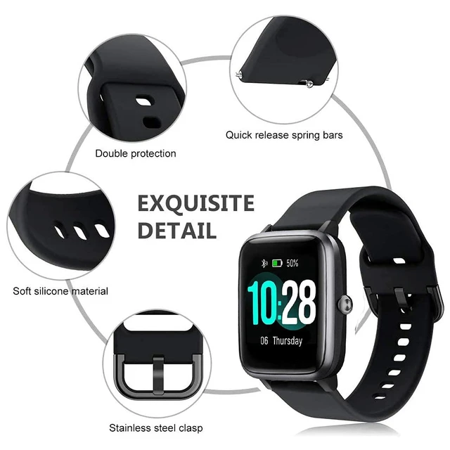 Alt view image 3 of 7 - Bands Compatible with 19mm ID205L Veryfitpro Smart Watch, Quick Release Soft Silicone Fadeless Pattern Printed Floral Replacement Band for ID205L, ID205G ID205 ID205U ID205S, Black