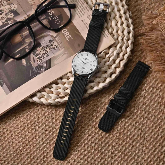 Alt view image 2 of 7 - Quick Release Watch Bands 20mm, Military Nylon Watch Strap for Men, Heavy Duty Stainless Steel Brushed Silver Buckle (Black)