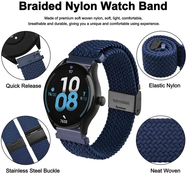Alt view image 3 of 7 - 22mm Braided Nylon Watch Band for Men and Women, Quick Release, Black Stainless Steel Buckle (Blue)