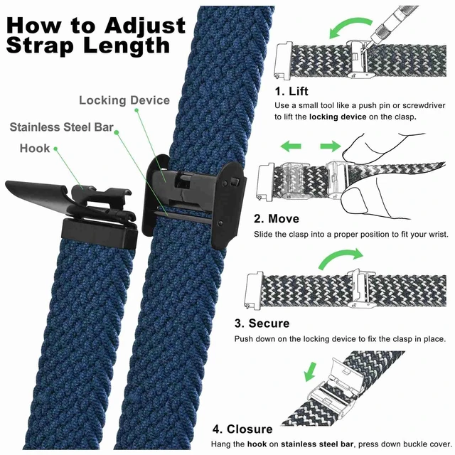 Alt view image 5 of 7 - 22mm Braided Nylon Watch Band for Men and Women, Quick Release, Black Stainless Steel Buckle (Blue)