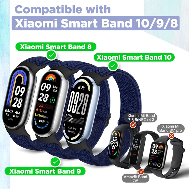 Alt view image 2 of 7 - Elastic Bands Compatible with Xiaomi Smart Band 10/9/8 for Women Men, Stretchy Solo Loop Soft Nylon Elastic Strap Replacement Wristband for Xiaomi Mi Band 10/9/83 PCS