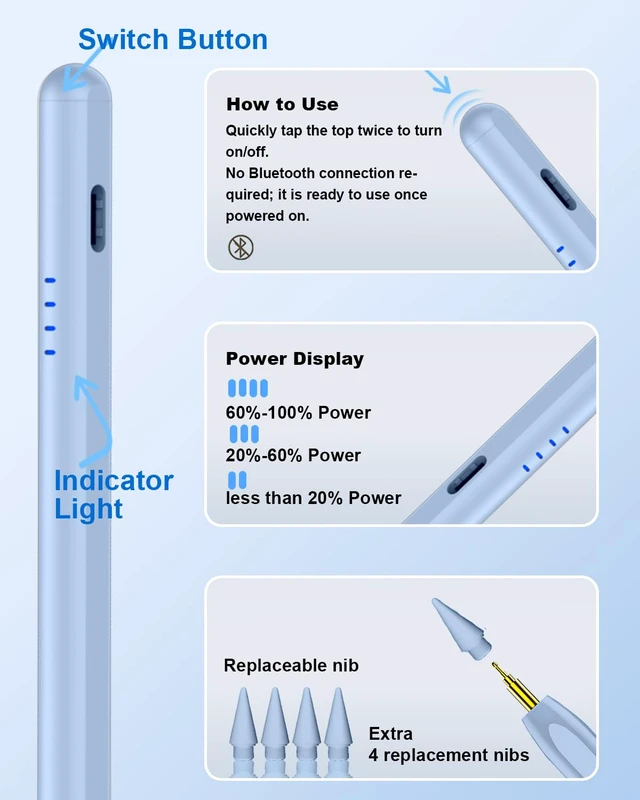 Alt view image 5 of 7 - Stylus Pen for iPad (2018-2026), Fast Charge for iPad Pencil with Palm Rejection, Active Pen Compatible with Apple iPad A16 11/10/9/8/7/6, iPad Pro M5/M4/11/12.9", Mini 5/6, Air 3/4/5/M2/M3 (Blue)