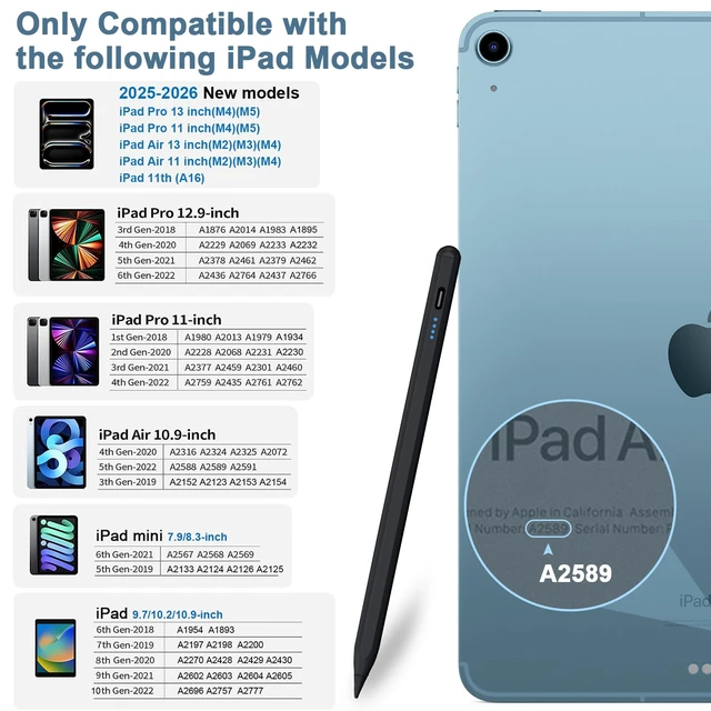 Alt view image 2 of 7 - A8 Stylus Pen for iPad 2018-2026, Fast Charge, Palm Rejection-Black | Magnetic Precision Pencil for iPad Compatible with Apple iPad A16 11-6, Air M4/M3/M2/5/4/3, Pro M5/M4/11"/12.9"/13", Mini 6/5