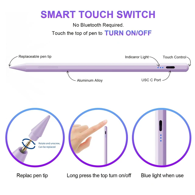 Alt view image 3 of 7 - Stylus Pen for iPad 6th-11th Generation,Fast Charge Apple iPad Stylus Pencil with Palm Rejection,Compatible with 2018-2026 iPad 6/7/8/9/10/11 Gen, Pro 13"/12.9"/11"/M4, Air 3/4/5/M2, Mini 5/6
