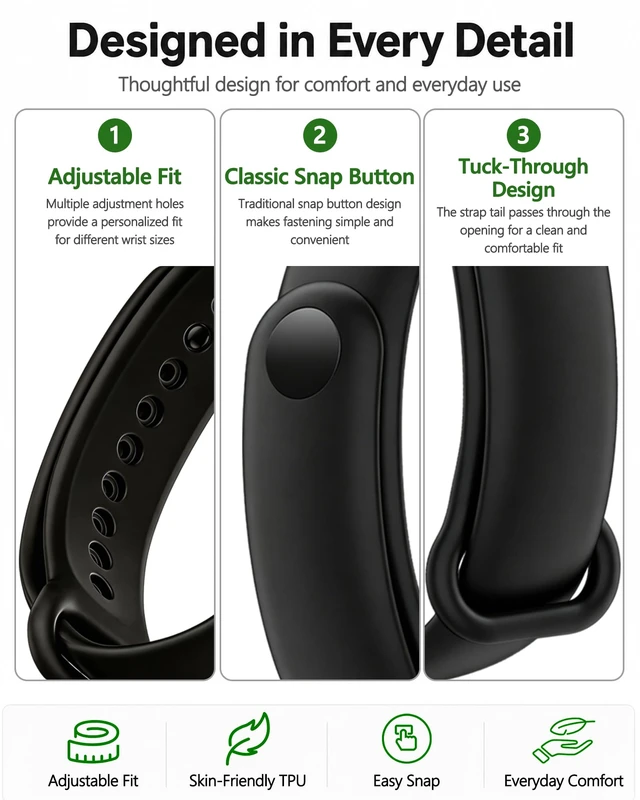 Alt view image 4 of 7 - Replacement Straps for Xiaomi Smart Band 10/9/8, Snap Closure | Soft, lightweight TPU with ventilation openings; adjustable, easy to clean, and quick to replace
