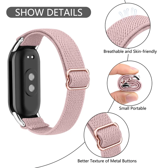 Alt view image 3 of 7 - Elastic Bands Compatible with Xiaomi Smart Band 10/9/8 for Women Men, Stretchy Nylon Strap Replacement Wristband for Xiaomi Mi Band 10/9/8 (Black+Starlight+Pink)