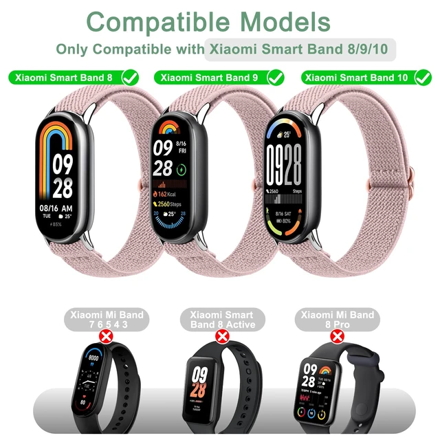 Alt view image 2 of 7 - Elastic Bands Compatible with Xiaomi Smart Band 10/9/8 for Women Men, Stretchy Nylon Strap Replacement Wristband for Xiaomi Mi Band 10/9/8 (Black+Starlight+Pink)