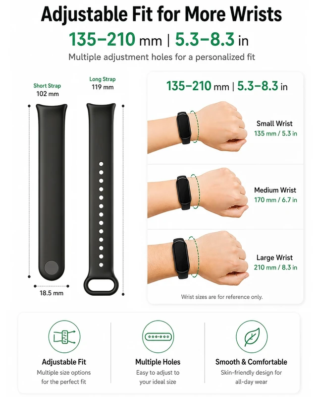 Alt view image 6 of 7 - Replacement Straps for Xiaomi Smart Band 10/9/8, Snap Closure | Soft, lightweight TPU with ventilation openings; adjustable, easy to clean, and quick to replace