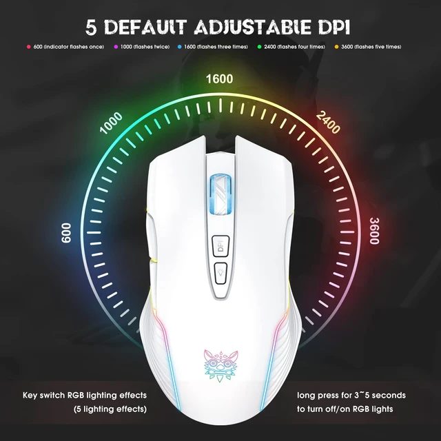 Alt view image 2 of 7 - RGB Backlight Rechargeable Wireless Gaming Mouse for PC, White | Ergonomic mouse, up to 3600 DPI, 7 non-programmable buttons, works with Vista/Linux/Mac, 2.4G USB included