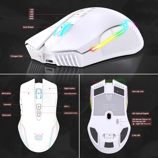 Alt view image 5 of 7 - RGB Backlight Rechargeable Wireless Gaming Mouse for PC, White | Ergonomic mouse, up to 3600 DPI, 7 non-programmable buttons, works with Vista/Linux/Mac, 2.4G USB included