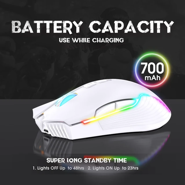 Alt view image 3 of 7 - RGB Backlight Rechargeable Wireless Gaming Mouse for PC, White | Ergonomic mouse, up to 3600 DPI, 7 non-programmable buttons, works with Vista/Linux/Mac, 2.4G USB included