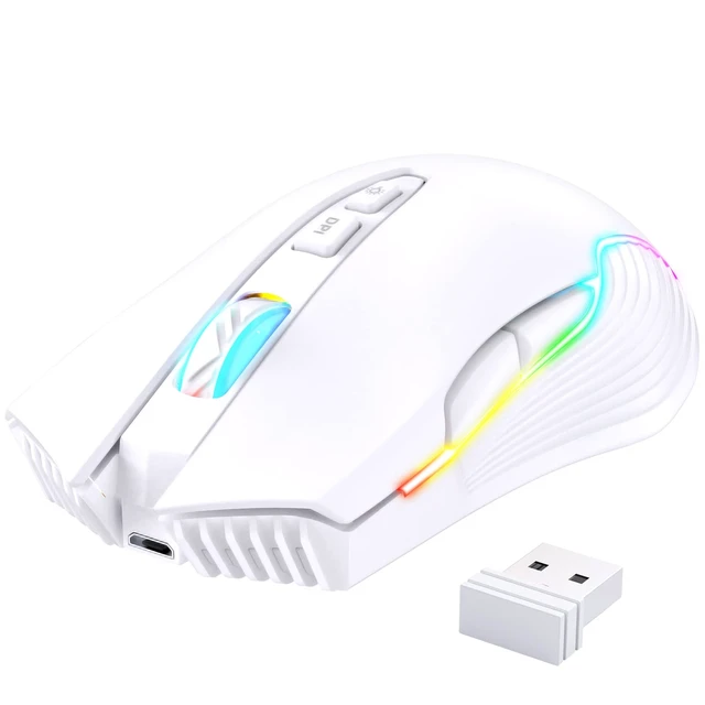 Alt view image 7 of 7 - RGB Backlight Rechargeable Wireless Gaming Mouse for PC, White | Ergonomic mouse, up to 3600 DPI, 7 non-programmable buttons, works with Vista/Linux/Mac, 2.4G USB included