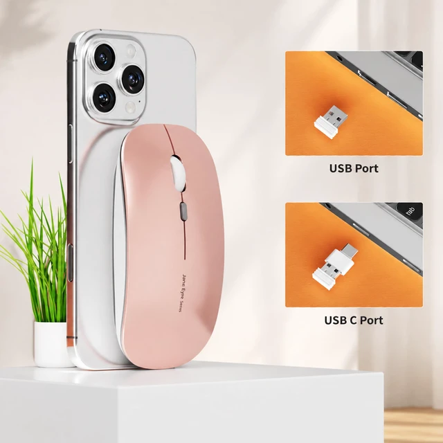 Alt view image 4 of 7 - Q5 Slim Rechargeable Wireless Mouse, Silent Computer Mouse Rose Gold | 2.4GHz Optical, USB C Charging, Battery Indicator, Ultra Thin, Portable, 1600 DPI, Ambidextrous, USB Receiver, Type C Adapter