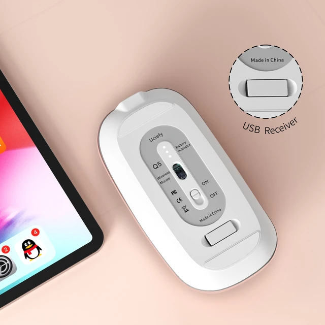 Alt view image 6 of 7 - Q5 Slim Rechargeable Wireless Mouse, Silent Computer Mouse Rose Gold | 2.4GHz Optical, USB C Charging, Battery Indicator, Ultra Thin, Portable, 1600 DPI, Ambidextrous, USB Receiver, Type C Adapter