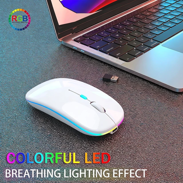 Alt view image 2 of 7 - Wireless Bluetooth Mouse, Rechargeable Dual Mode Mouse, Pearl White | BT 5.2 & 2.4G USB Receiver, 3 Adjustable DPI,LED Lights,Slim,Silent,Portable Computer Mouse for Laptop,PC,MacBook,iPad,Tablet