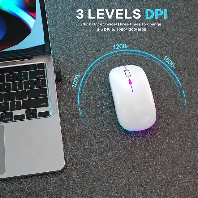 Alt view image 7 of 7 - Wireless Bluetooth Mouse, Rechargeable Dual Mode Mouse, Pearl White | BT 5.2 & 2.4G USB Receiver, 3 Adjustable DPI,LED Lights,Slim,Silent,Portable Computer Mouse for Laptop,PC,MacBook,iPad,Tablet