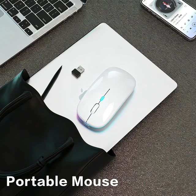 Alt view image 5 of 7 - Wireless Bluetooth Mouse, Rechargeable Dual Mode Mouse, Pearl White | BT 5.2 & 2.4G USB Receiver, 3 Adjustable DPI,LED Lights,Slim,Silent,Portable Computer Mouse for Laptop,PC,MacBook,iPad,Tablet