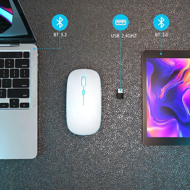 Alt view image 4 of 7 - Wireless Bluetooth Mouse, Rechargeable Dual Mode Mouse, Pearl White | BT 5.2 & 2.4G USB Receiver, 3 Adjustable DPI,LED Lights,Slim,Silent,Portable Computer Mouse for Laptop,PC,MacBook,iPad,Tablet