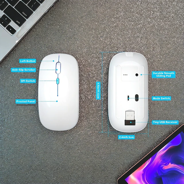 Alt view image 6 of 7 - Wireless Bluetooth Mouse, Rechargeable Dual Mode Mouse, Pearl White | BT 5.2 & 2.4G USB Receiver, 3 Adjustable DPI,LED Lights,Slim,Silent,Portable Computer Mouse for Laptop,PC,MacBook,iPad,Tablet