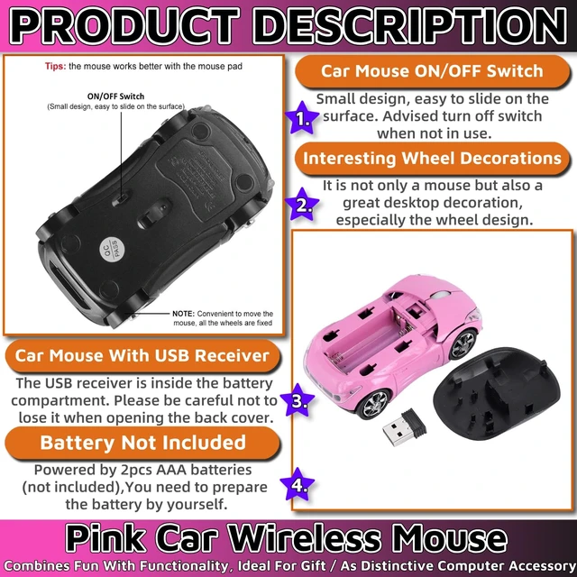 Alt view image 3 of 6 - Pink Wireless MouseCar Mouse 1600DPI 2.4G with USB Reciver for Computer Wireless Computer Mouse Wireless USB Wireless Mouse for Windows for Mac OS for Laptop Computer TabletPink