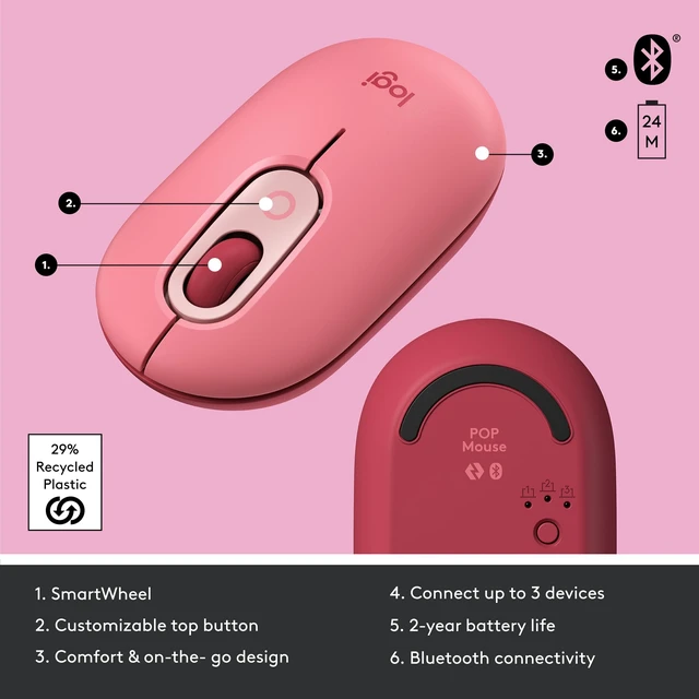 Alt view image 6 of 7 - POP Mouse Compact and Portable Wireless - Heartbreaker Rose | Compact, portable, programmable buttons, quiet clicks, easy-switch up to 3 devices, for laptop, tablet, PC