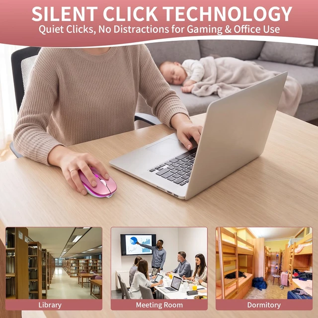 Alt view image 2 of 7 - Rechargeable Wireless Mouse with 7-Color LED, Rosegold | Dual Mode Bluetooth 5.2 + 2.4G USB Receiver, Slim Portable Cordless Mouse for Laptop, iPad, Mac, Chromebook