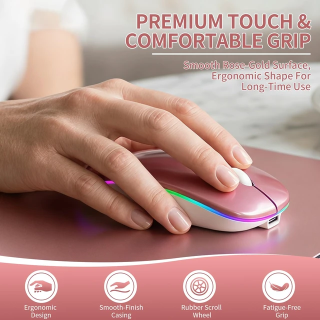 Alt view image 5 of 7 - Rechargeable Wireless Mouse with 7-Color LED, Rosegold | Dual Mode Bluetooth 5.2 + 2.4G USB Receiver, Slim Portable Cordless Mouse for Laptop, iPad, Mac, Chromebook