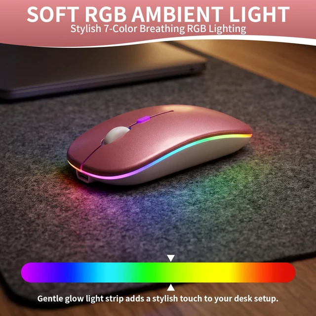 Alt view image 3 of 7 - Rechargeable Wireless Mouse with 7-Color LED, Rosegold | Dual Mode Bluetooth 5.2 + 2.4G USB Receiver, Slim Portable Cordless Mouse for Laptop, iPad, Mac, Chromebook