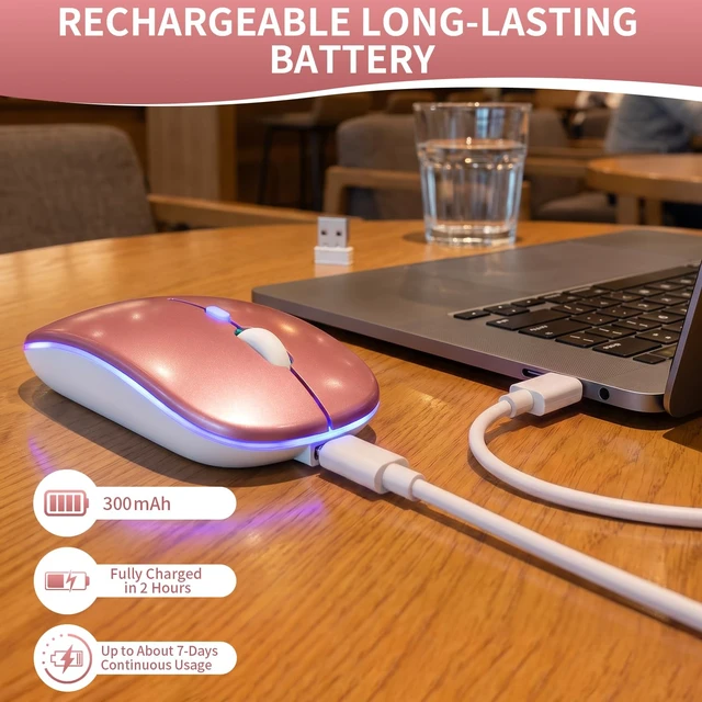 Alt view image 6 of 7 - Rechargeable Wireless Mouse with 7-Color LED, Rosegold | Dual Mode Bluetooth 5.2 + 2.4G USB Receiver, Slim Portable Cordless Mouse for Laptop, iPad, Mac, Chromebook
