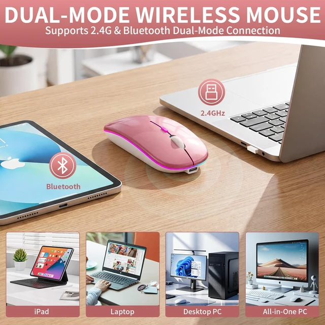 Alt view image 7 of 7 - Rechargeable Wireless Mouse with 7-Color LED, Rosegold | Dual Mode Bluetooth 5.2 + 2.4G USB Receiver, Slim Portable Cordless Mouse for Laptop, iPad, Mac, Chromebook