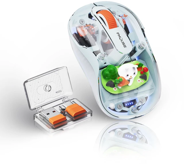 Main image of Cute Transparent Mouse, Tri-Mode Wireless, Rechargeable, Blue | USB-A & USB-C Receivers | 2.4G & Dual Bluetooth | Rabbit Figurine | Silent Click | RGB | For MAC, iPad, Laptop