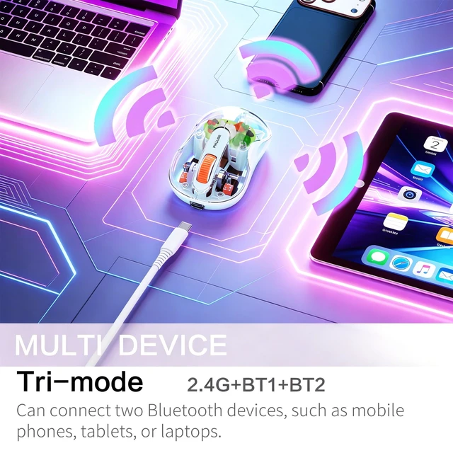 Alt view image 2 of 7 - Cute Transparent Mouse, Tri-Mode Wireless, Rechargeable, Blue | USB-A & USB-C Receivers | 2.4G & Dual Bluetooth | Rabbit Figurine | Silent Click | RGB | For MAC, iPad, Laptop