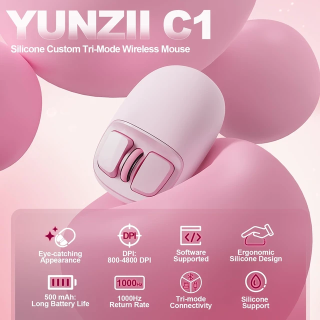 Alt view image 2 of 7 - C1 Wireless Tri-Mode Wireless Mouse 4800 DPI Optical (Pink) | 6-Level DPI, Optical Tracking, 500mAh Battery, 2.4G/USB-C/BT, Custom Mice for Laptop, Computer, iPad, MacBook