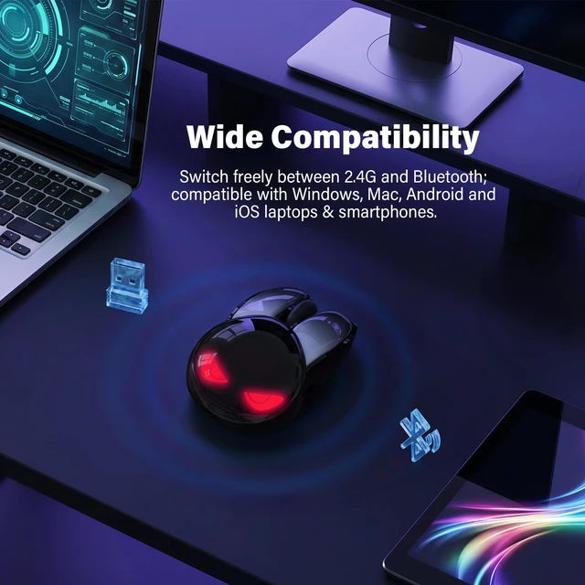 Alt view image 2 of 7 - Wireless Gaming Mouse, RGB Light Cool Eyes Bunny Design, TriMode 2.4G/Bluetooth/Wired Rechargeable Silent Click Cute Mouse, 3 Buttons 1200 DPI, Portable Mice for iPad Mac Laptop PC- Black