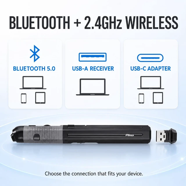 Alt view image 7 of 7 - Pocket Pen Mouse, Bluetooth/2.4GHz, Ergonomic, Rechargeable (Black) | Natural Pen-Tip "Press-to-Click" Design Pocket-Sized for Laptop, Windows 7/8/10/11, Android, Linux, Mac OS