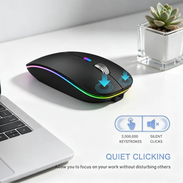 Alt view image 3 of 6 - Wireless Bluetooth Mouse, LED Silent Rechargeable Mouse-Matte Black | Tri-Mode BT5.1/5.0+2.4GHz,USB C Charging, Quiet Click, Nano Receiver,Type C Adapter, Portable, Slim, for Laptop/Macbook/iPad