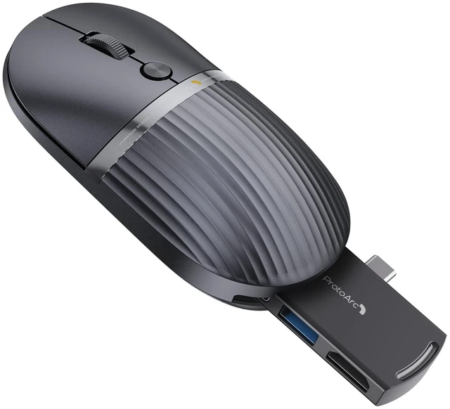 Main image of HubMouse for Travel, 3-Port Hub (PD, HDMI, USB 3.0), Grey | 55g Ultra-light rechargeable portable mouse for Laptop, iPad, MacBook, Surface Pro, connects 3 devices via BT/USBC.