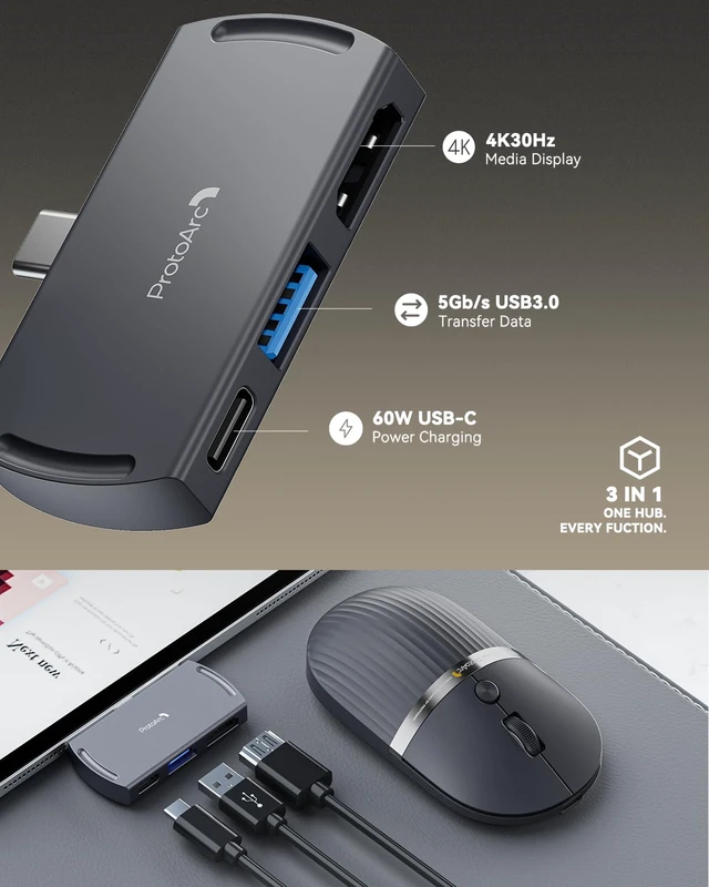 Alt view image 2 of 7 - HubMouse for Travel, 3-Port Hub (PD, HDMI, USB 3.0), Grey | 55g Ultra-light rechargeable portable mouse for Laptop, iPad, MacBook, Surface Pro, connects 3 devices via BT/USBC.