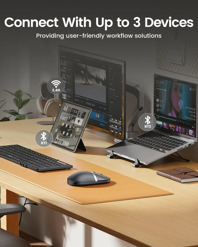 Alt view image 3 of 7 - HubMouse for Travel, 3-Port Hub (PD, HDMI, USB 3.0), Grey | 55g Ultra-light rechargeable portable mouse for Laptop, iPad, MacBook, Surface Pro, connects 3 devices via BT/USBC.