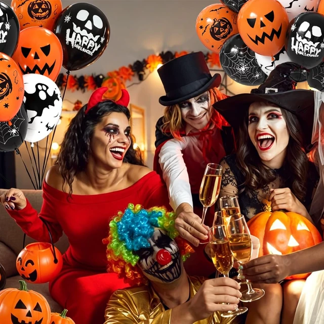 Alt view image 2 of 7 - Halloween Balloons Decorations, 50 Pcs 12 Inch Hlloween Latex Balloons | Black White Orange Balloons With Spooky Pumpkin Spider Web grimace for Halloween Spooky Ghost Party Decoration