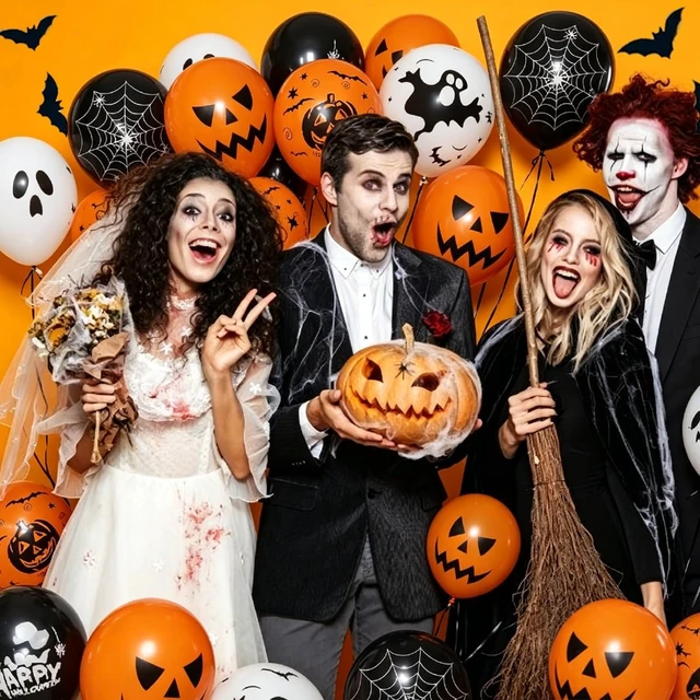 Alt view image 3 of 7 - Halloween Balloons Decorations, 50 Pcs 12 Inch Hlloween Latex Balloons | Black White Orange Balloons With Spooky Pumpkin Spider Web grimace for Halloween Spooky Ghost Party Decoration