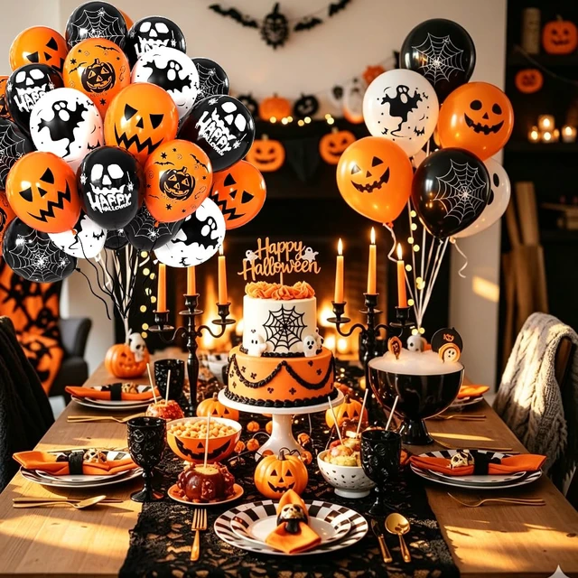 Alt view image 4 of 7 - Halloween Balloons Decorations, 50 Pcs 12 Inch Hlloween Latex Balloons | Black White Orange Balloons With Spooky Pumpkin Spider Web grimace for Halloween Spooky Ghost Party Decoration
