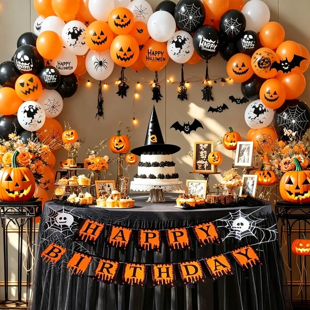 Alt view image 6 of 7 - Halloween Balloons Decorations, 50 Pcs 12 Inch Hlloween Latex Balloons | Black White Orange Balloons With Spooky Pumpkin Spider Web grimace for Halloween Spooky Ghost Party Decoration