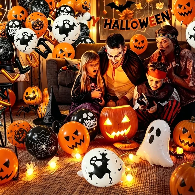 Alt view image 5 of 7 - Halloween Balloons Decorations, 50 Pcs 12 Inch Hlloween Latex Balloons | Black White Orange Balloons With Spooky Pumpkin Spider Web grimace for Halloween Spooky Ghost Party Decoration