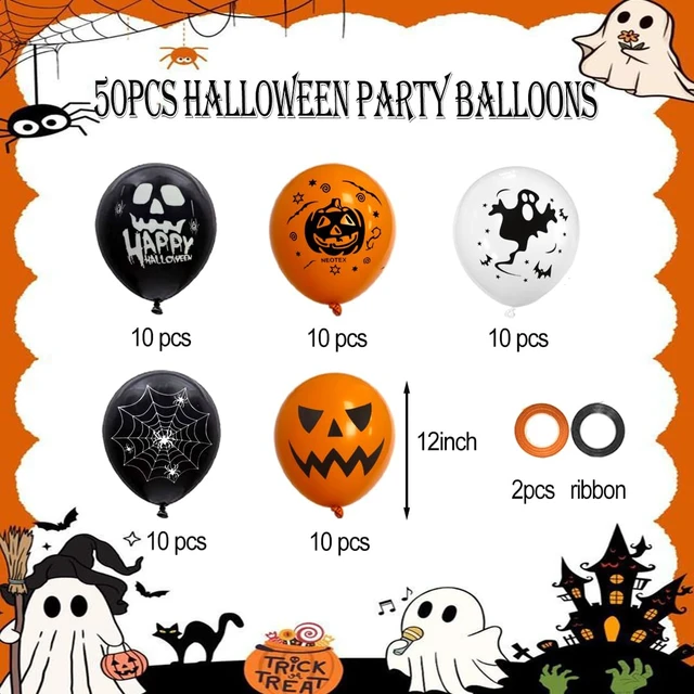 Alt view image 7 of 7 - Halloween Balloons Decorations, 50 Pcs 12 Inch Hlloween Latex Balloons | Black White Orange Balloons With Spooky Pumpkin Spider Web grimace for Halloween Spooky Ghost Party Decoration