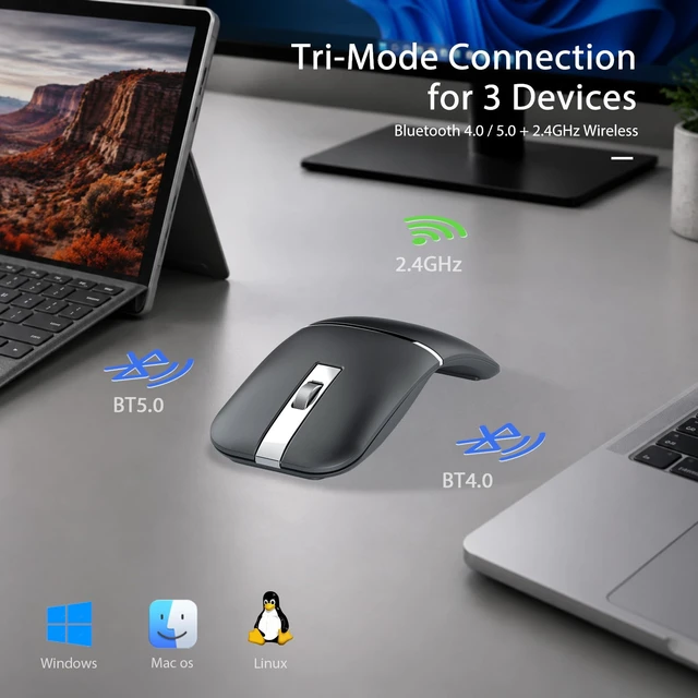 Alt view image 2 of 7 - Wireless Mouse Bendable Rotating Design, Tri-Mode (BT 5.0/4.0 + 2.4GHz),arc Rechargeable Travel Wireless Mouse for Microsoft Laptop PC Tablet Black
